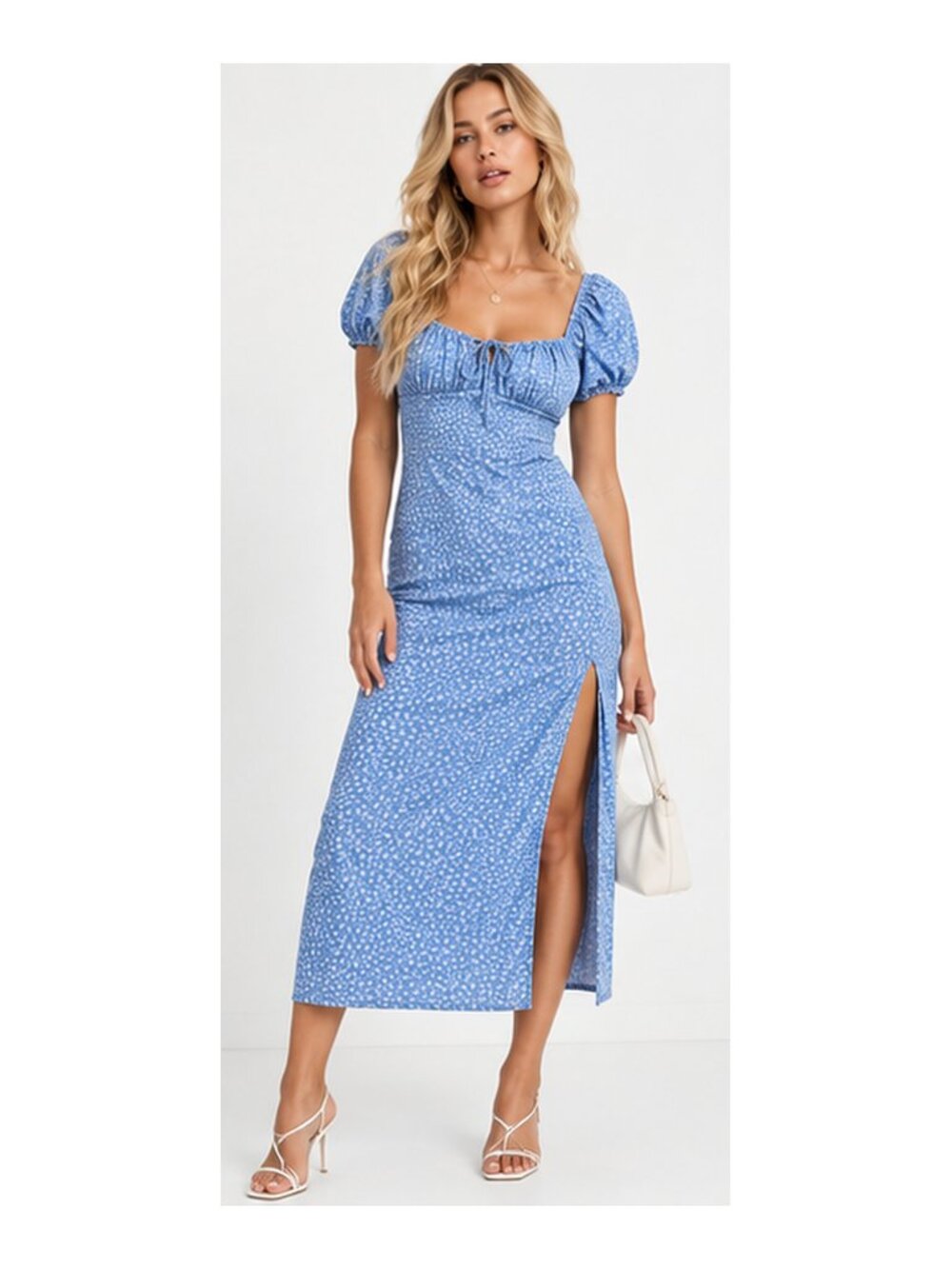 NA-KD Light Blue Floral Puff Sleeve Ruched Midi Dress Side Slit 6 S